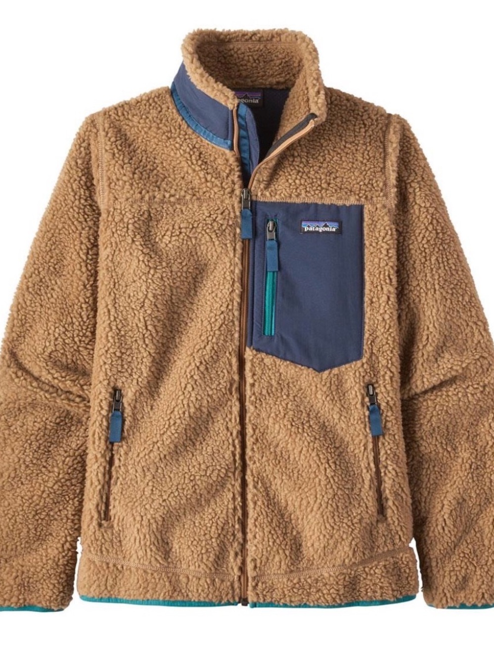 Patagonia Classic Retro X Fleece Tan Sherpa Jacket with Navy Teal Accents
